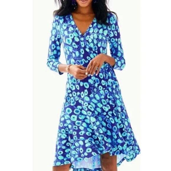 Lilly Pulitzer Rozalyn Wrap Dress in Lil Kitty Blue Purple Evil Eye sz XS - Picture 1 of 6